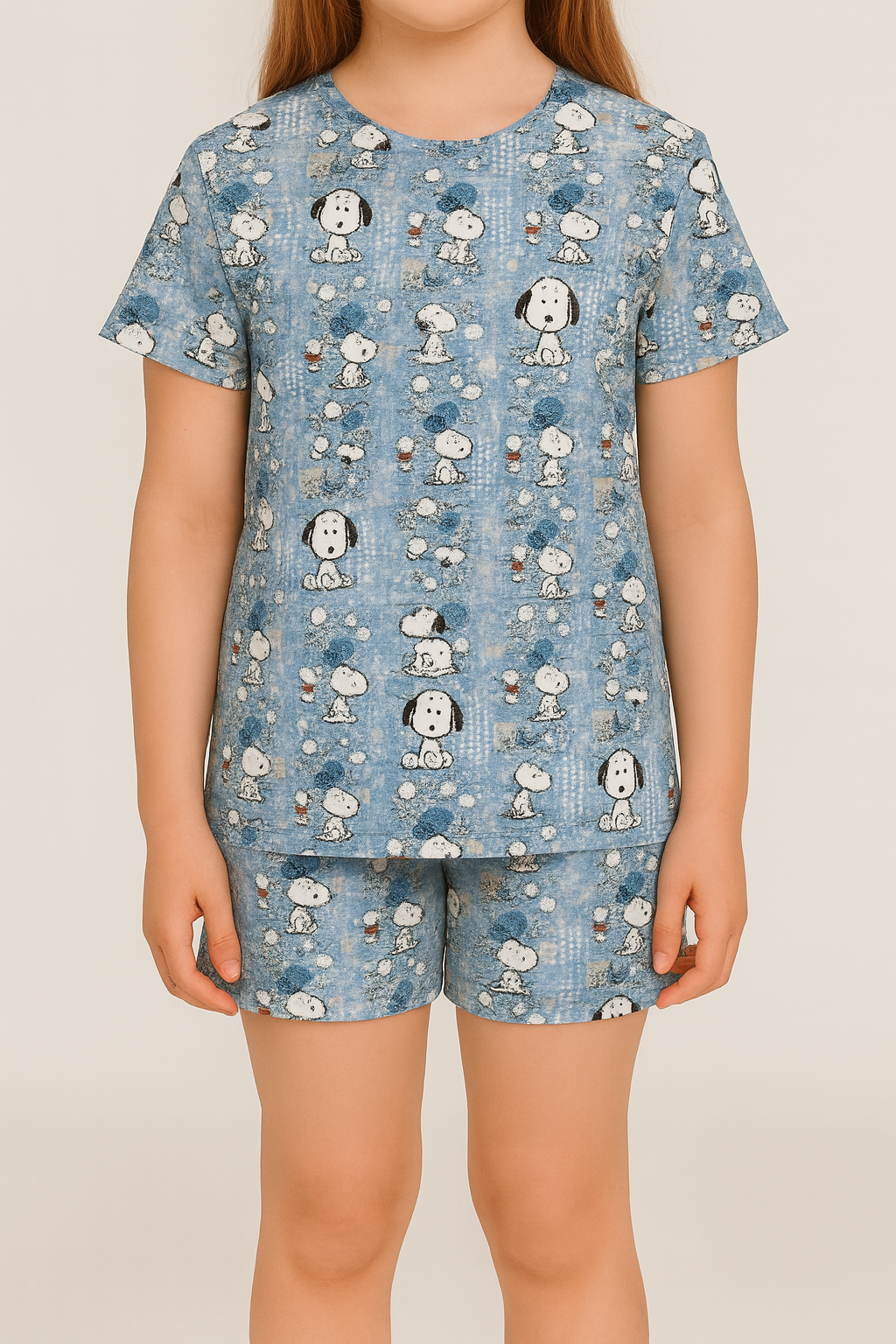 Blue Snoopy Dream Cord Set | Cartoon Puppy Print Cotton T-shirt & Shorts | Adorable Summer Outfit for Girls
