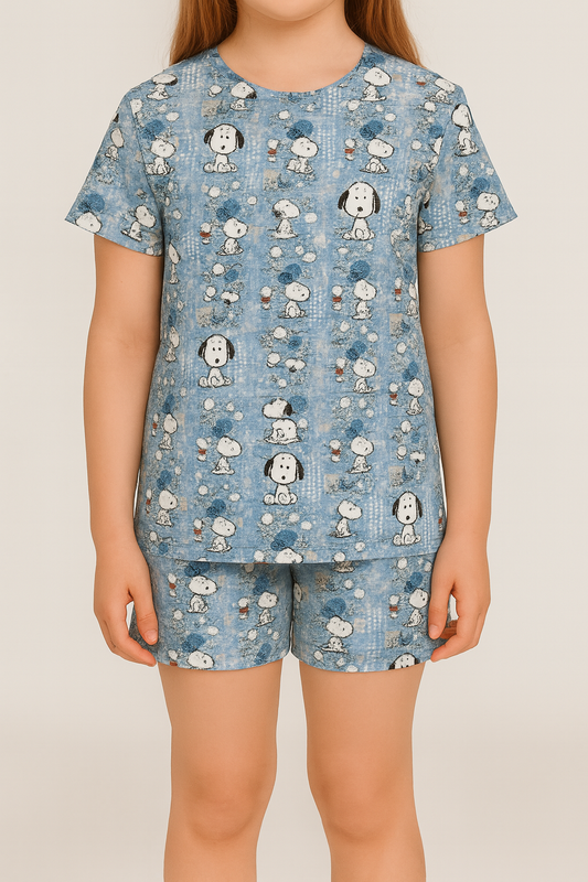 Blue Snoopy Dream Cord Set | Cartoon Puppy Print Cotton T-shirt & Shorts | Adorable Summer Outfit for Girls