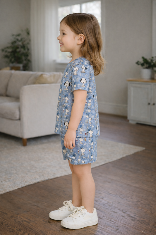 Blue Snoopy Dream Cord Set | Cartoon Puppy Print Cotton T-shirt & Shorts | Adorable Summer Outfit for Girls