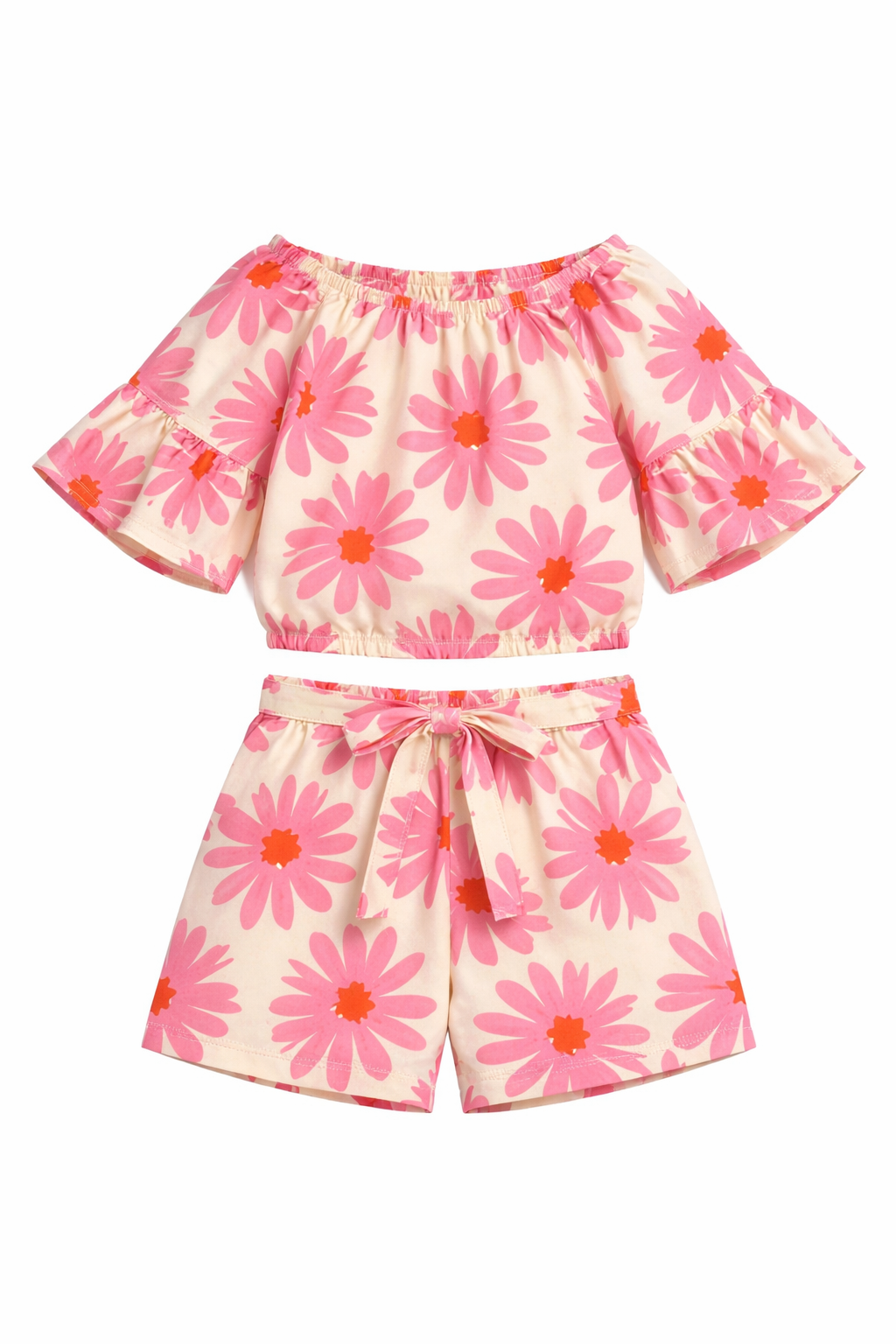 Girls Peach Pink Daisy Floral Off-Shoulder Co-Ord Set – Summer Top & Shorts