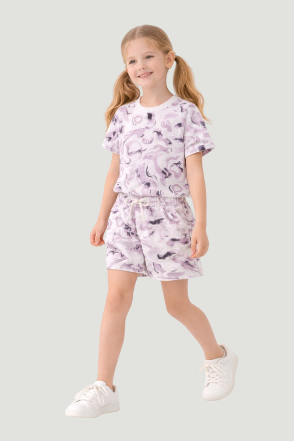 Horcun Clothing Brand girls' lavender abstract print co-ord set with round-neck tee and drawstring shorts.
