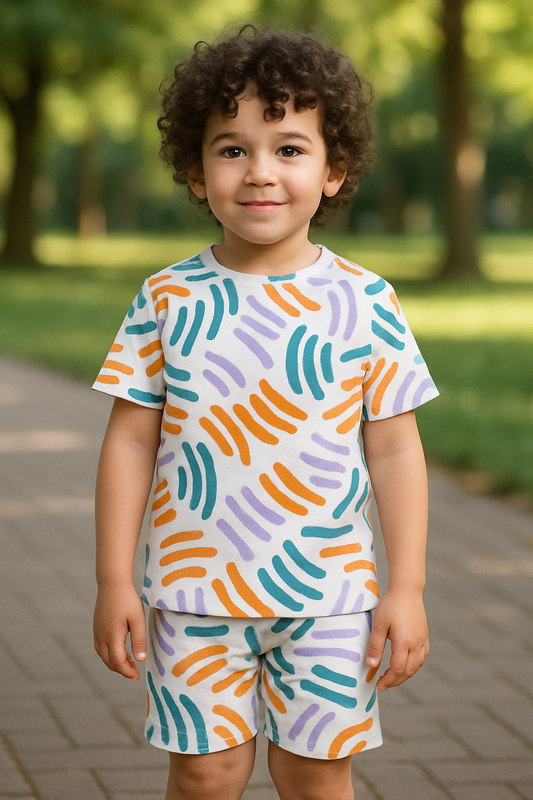 Kids Color Dash Cord Set – Bright Brush Stroke Printed Kidswear Set Half Sleeve T-Shirt & Shorts Co-ord Set – Soft Cotton Lounge Wear