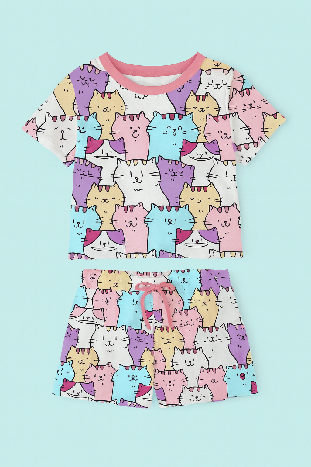 Cute Cat Printed Cordset For Girls