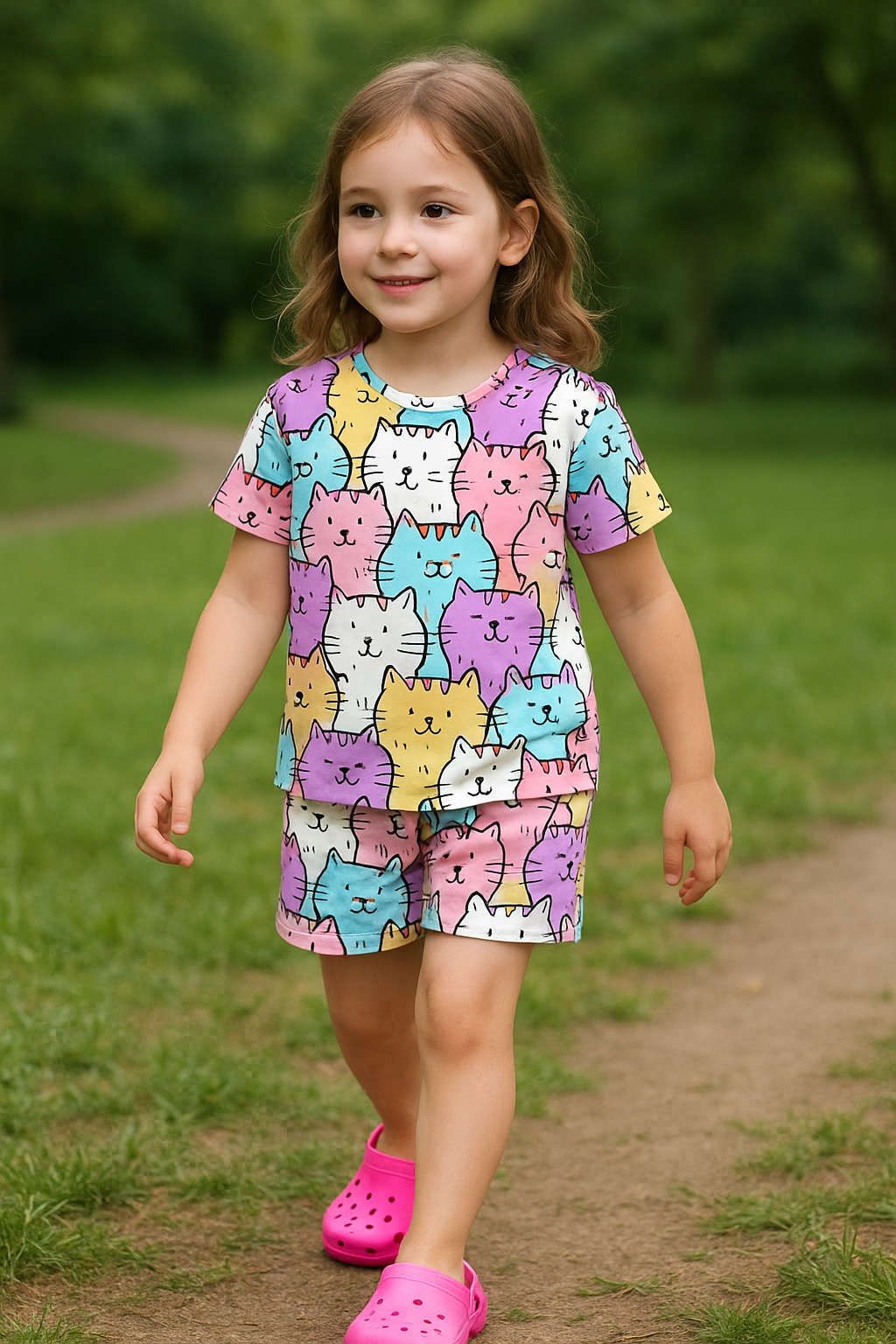 Meow Magic Cord Set | Cute Cat Print T-shirt & Shorts | Unisex Cotton Summer Outfit for Kids