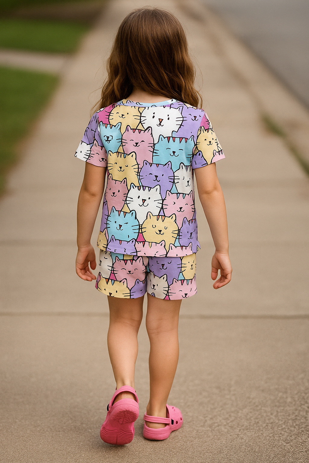 Meow Magic Cord Set | Cute Cat Print T-shirt & Shorts | Unisex Cotton Summer Outfit for Kids