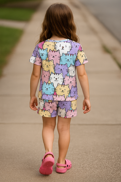Meow Magic Cord Set | Cute Cat Print T-shirt & Shorts | Unisex Cotton Summer Outfit for Kids