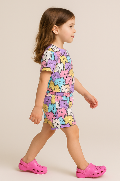 Meow Magic Cord Set | Cute Cat Print T-shirt & Shorts | Unisex Cotton Summer Outfit for Kids