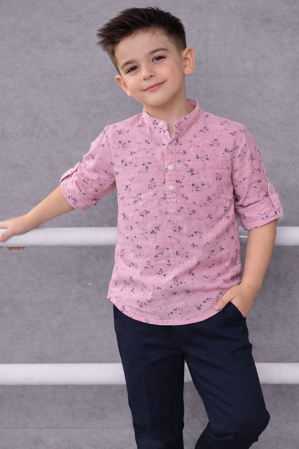 KID Blush Pink Micro Print Short Kurta Shirt – Casual Summer Wear