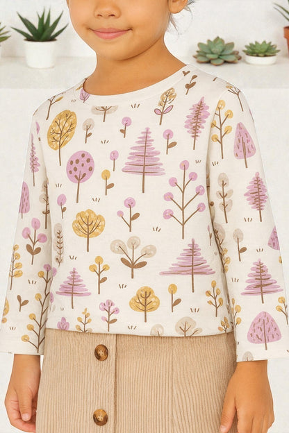 Horcun Clothing Brand cream cotton long sleeve top with all-over purple and yellow tree print.