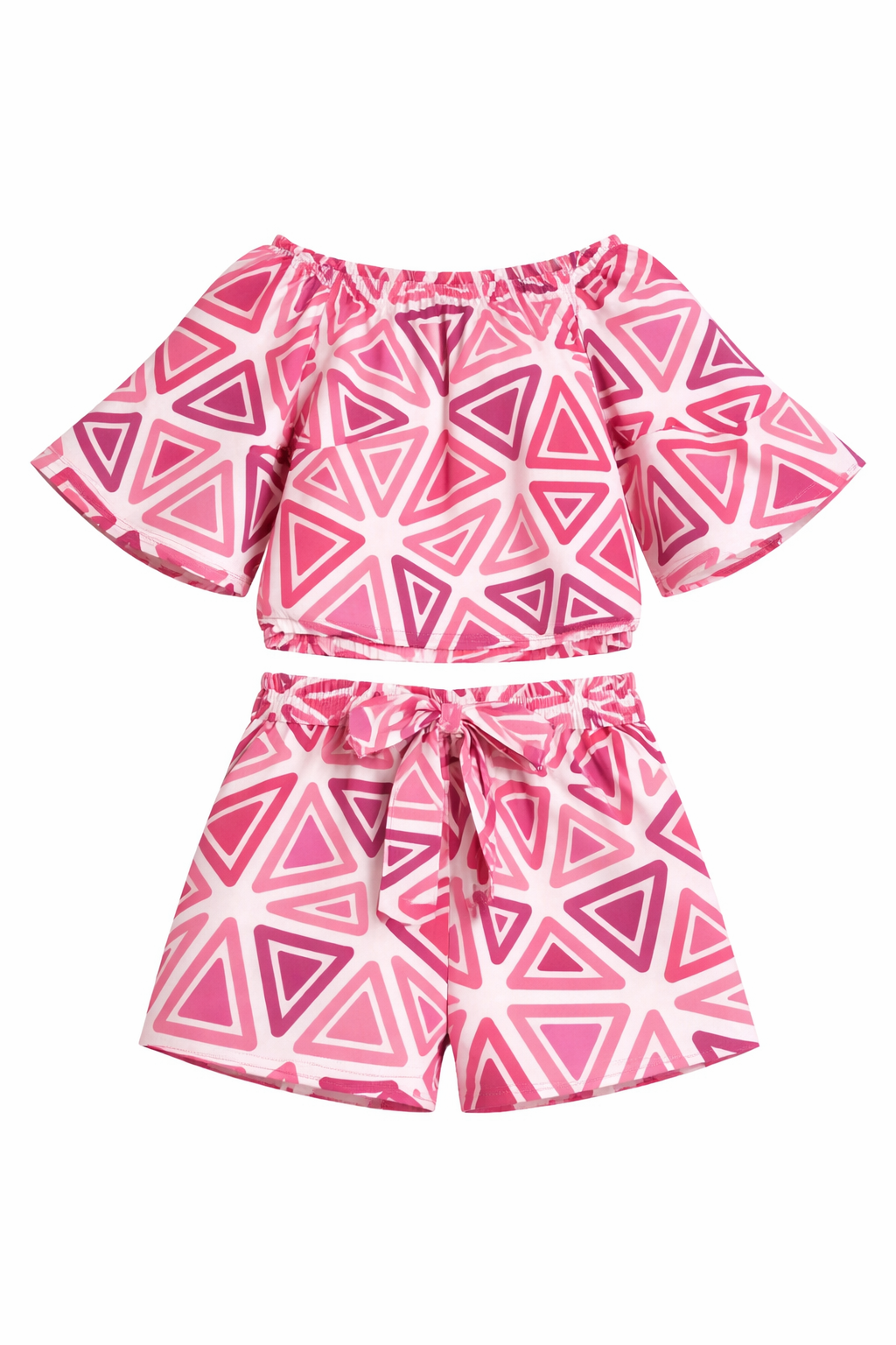 Girls Pink Geometric Off-Shoulder Co-ord Set with Tie-Up Shorts