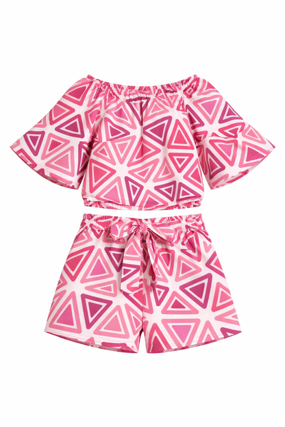 Girls Pink Geometric Off-Shoulder Co-ord Set with Tie-Up Shorts