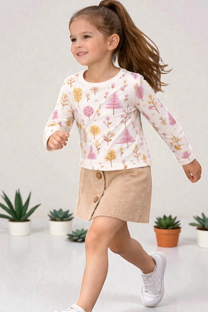 Horcun Clothing Brand cream cotton long sleeve top with all-over purple, yellow, and pink tree print.