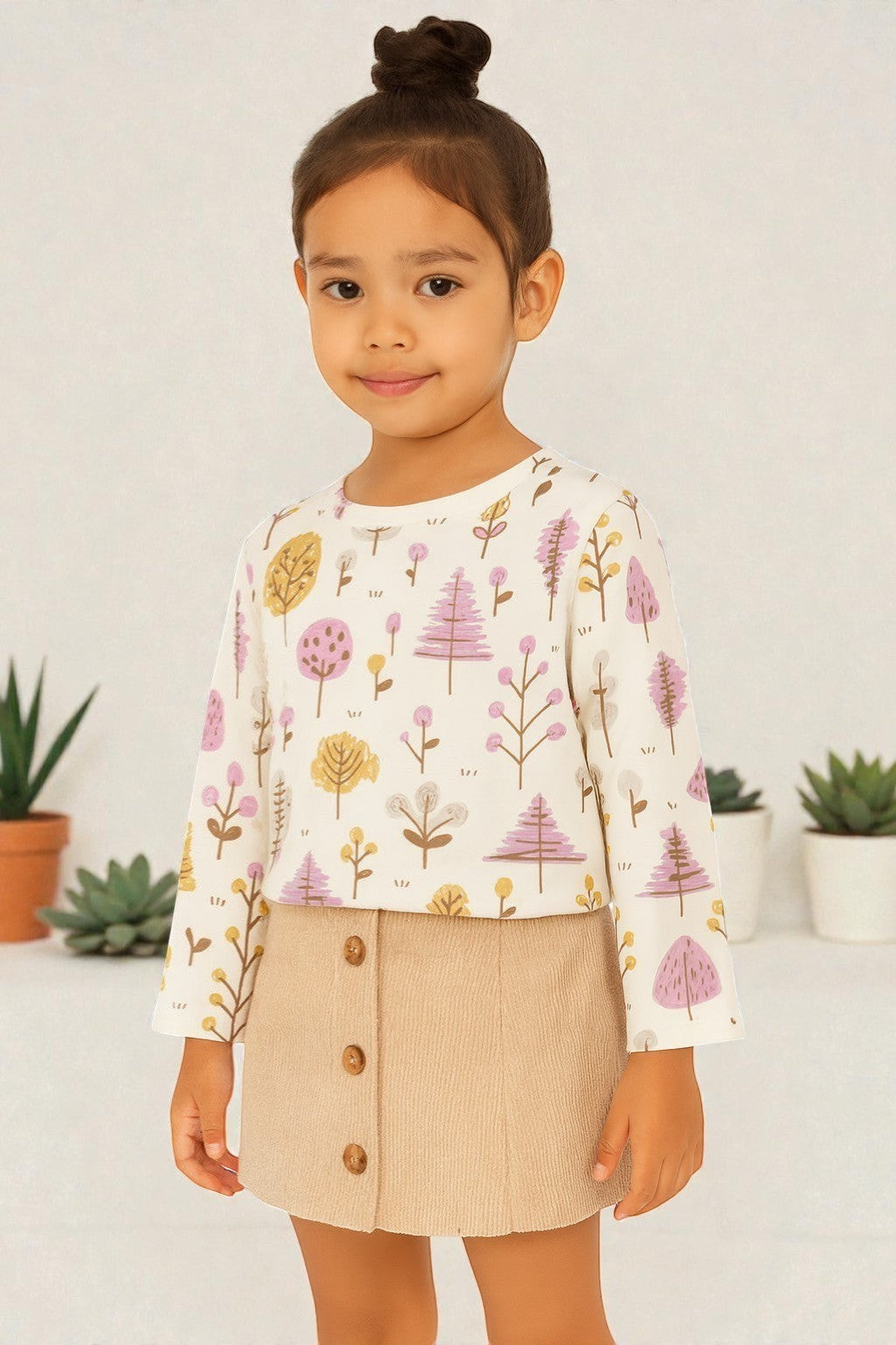 Horcun Clothing Brand cream cotton long sleeve top with all-over purple, yellow, and pink tree print.