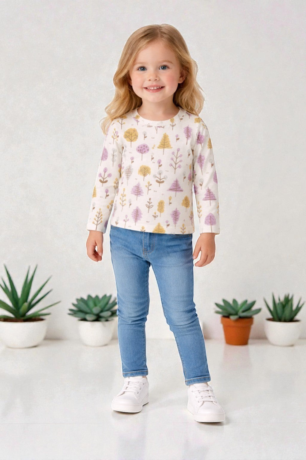 Horcun Clothing Brand cream cotton long sleeve top with purple and yellow tree print. For girls.