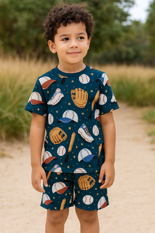 “Little League Cord Set – Sporty Baseball Print Summer Outfit for Boys” Half Sleeve T-Shirt & Shorts Co-ord Set