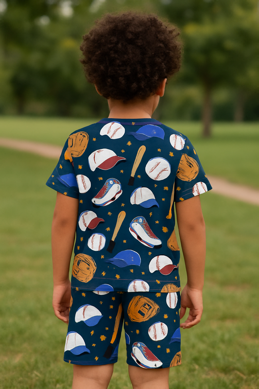 “Little League Cord Set – Sporty Baseball Print Summer Outfit for Boys” Half Sleeve T-Shirt & Shorts Co-ord Set
