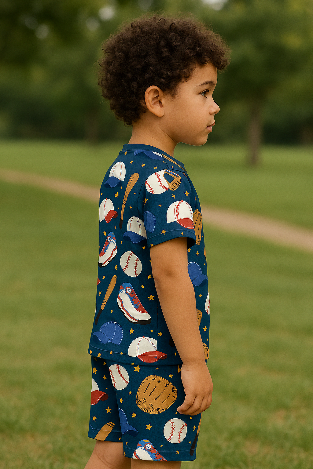 “Little League Cord Set – Sporty Baseball Print Summer Outfit for Boys” Half Sleeve T-Shirt & Shorts Co-ord Set