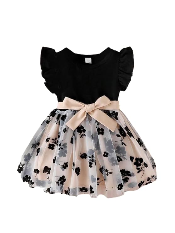 Girls Party Wear Frock – Black Top with Peach Floral Net Skirt