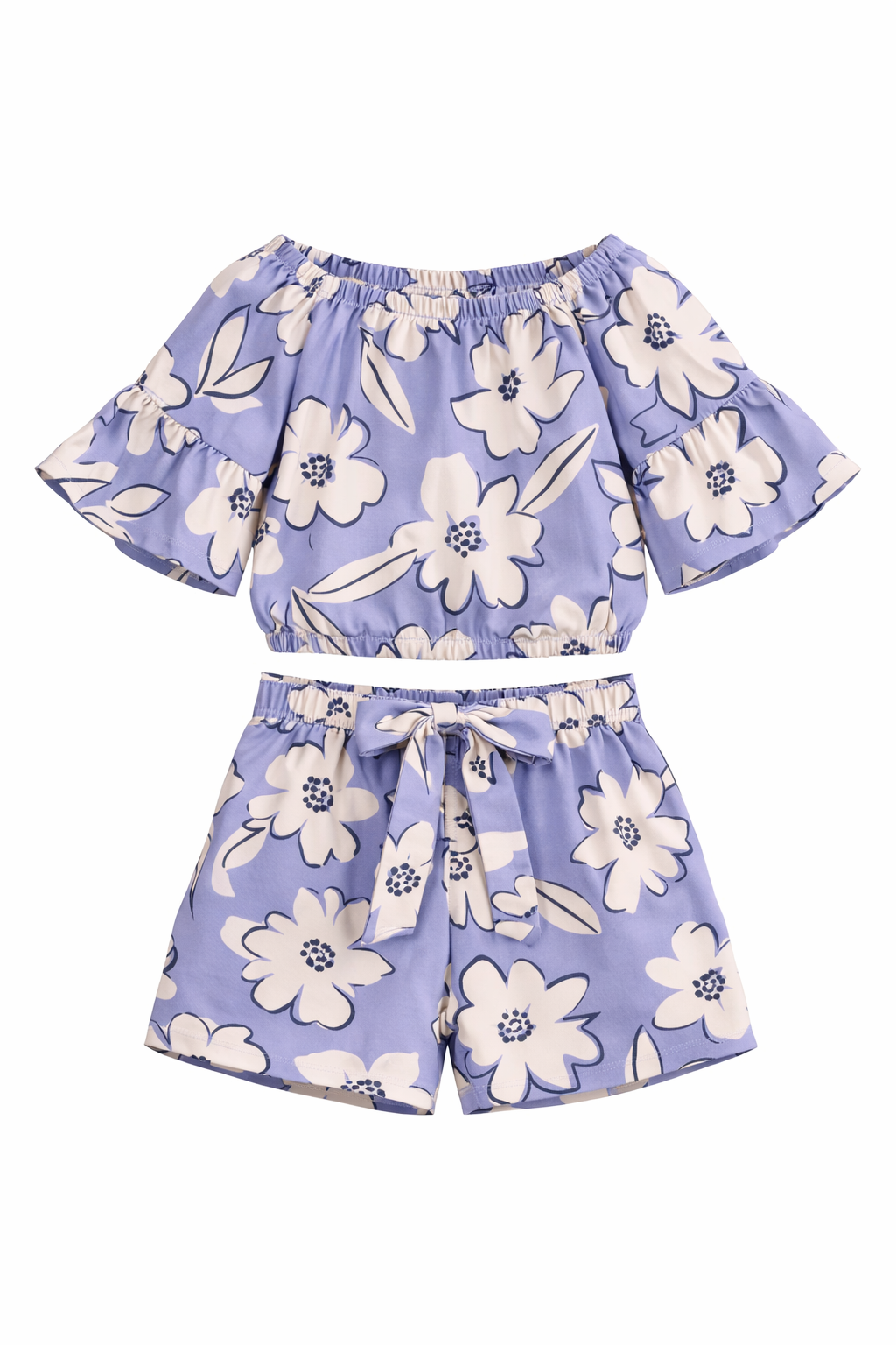 Girls Lavender Floral Off-Shoulder Co-ord Set with Tie-Up Shorts