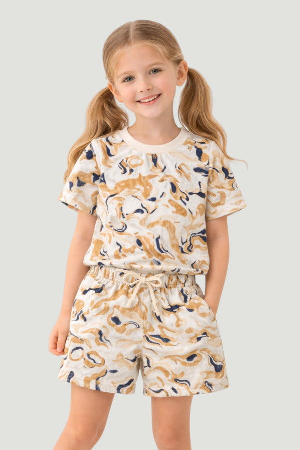 Horcun Clothing Brand unisex co-ord set with abstract beige and navy print. Round-neck tee and drawstring shorts.