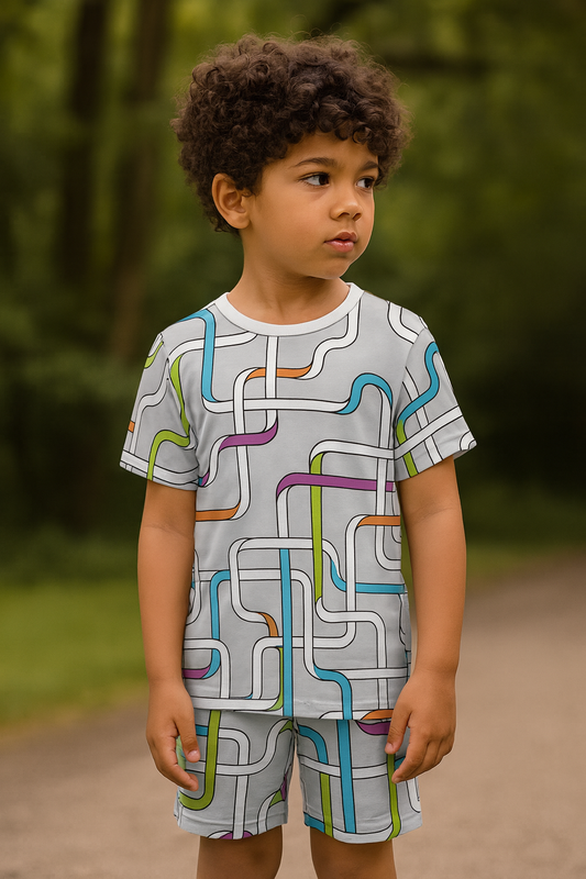 Color Maze Cord Set – Fun Geometric Print Summer Outfit for Boys Half Sleeve T-Shirt & Shorts Co-ord Set