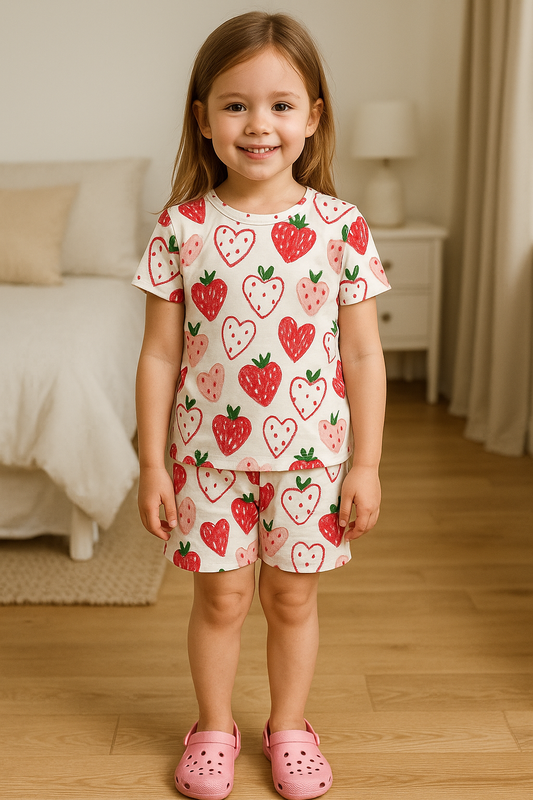 Berry Sweet Cord Set | Strawberry Print Cotton T-shirt & Shorts | Cute Summer Outfit for Girls