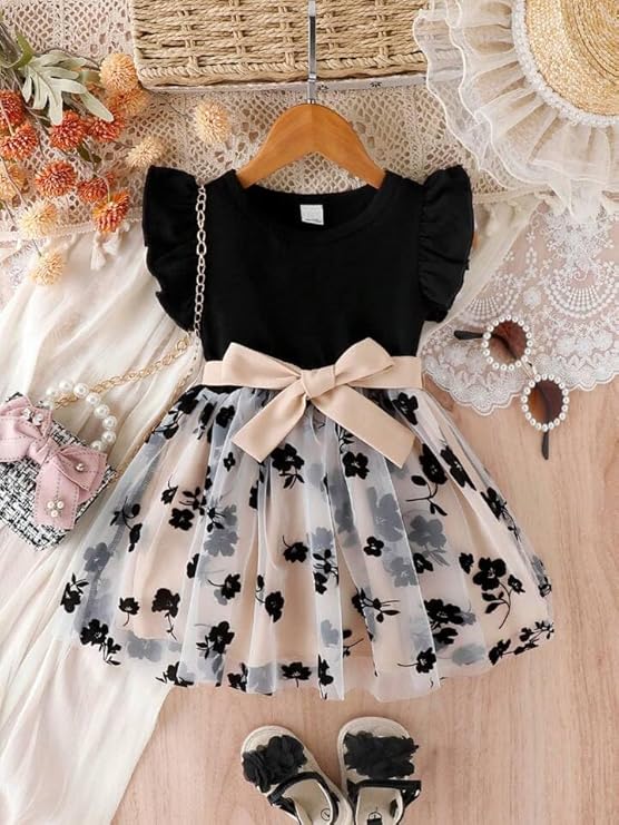 Girls Party Wear Frock – Black Top with Peach Floral Net Skirt