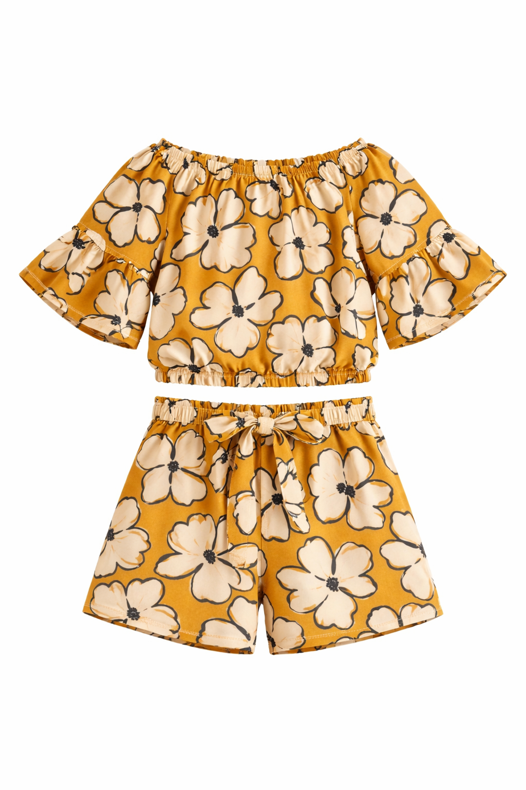 Girls Mustard Floral Off-Shoulder Co-ord Set with Tie-Up Shorts