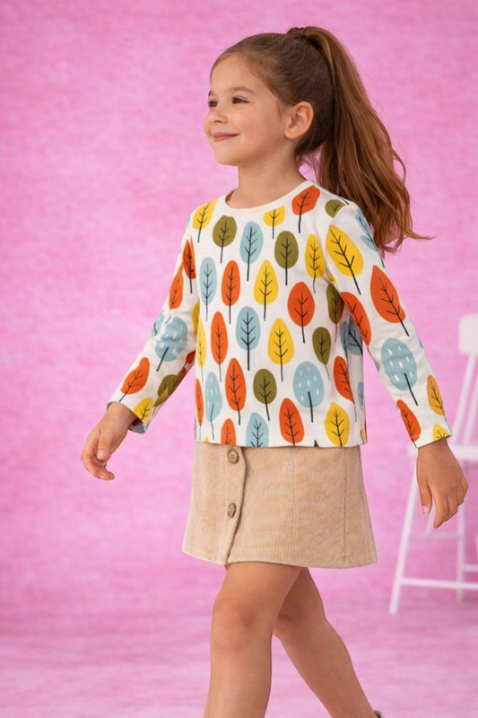 Horcun Clothing Brand girls' long sleeve cotton top with a playful tree print in orange, yellow, green, and blue.