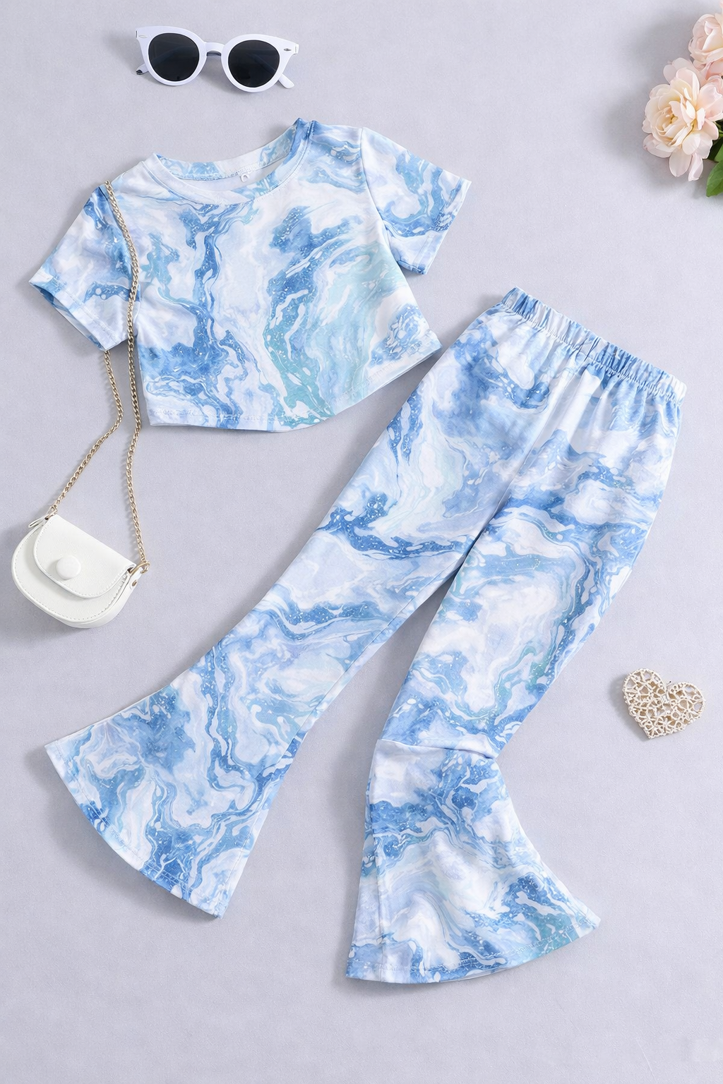 Girls Blue Tie Dye Co-Ord Set | Kids Crop Top & Bell Bottom Pants Outfit | Stylish Western Wear for Girls