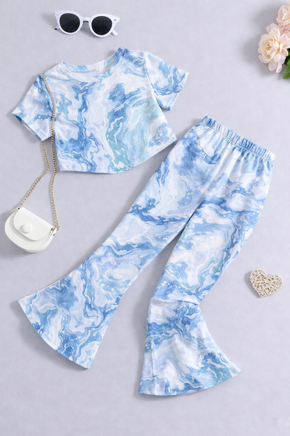 Girls Blue Tie Dye Co-Ord Set | Kids Crop Top & Bell Bottom Pants Outfit | Stylish Western Wear for Girls