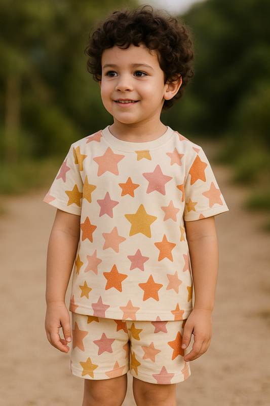 “Twinkle Pop Cord Set – Cute Multicolor Star Print Cotton Outfit for Boys” Half Sleeve T-Shirt & Shorts Co-ord Set