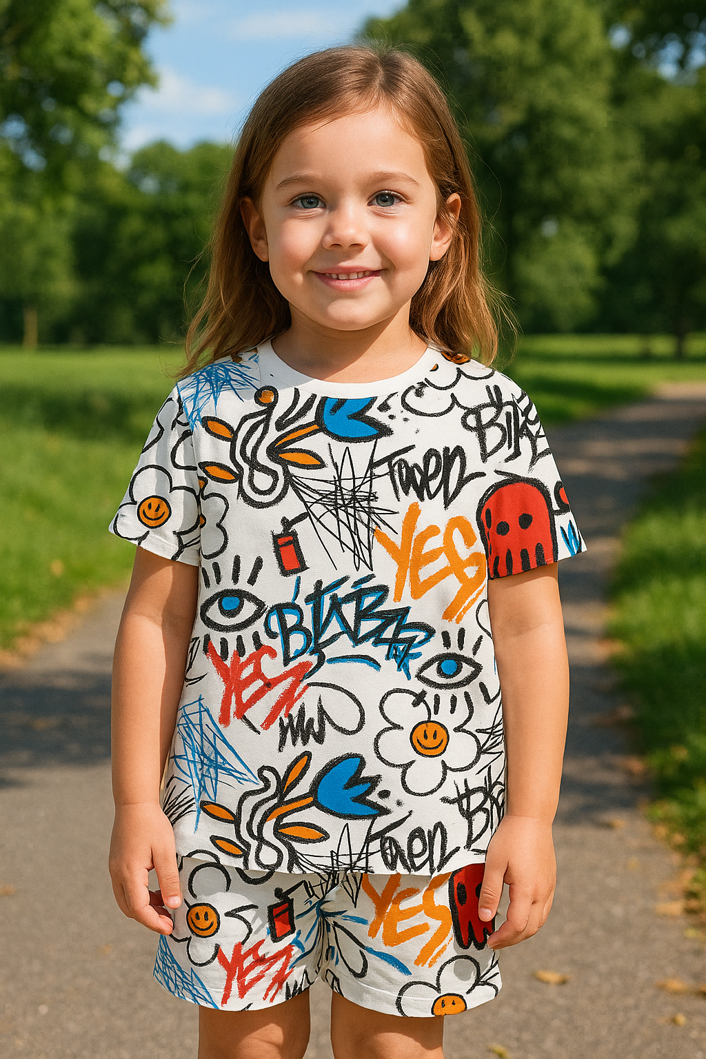 Street Pop Cord Set | Graffiti Print Cotton T-shirt & Shorts | Trendy Summer Outfit for Girls