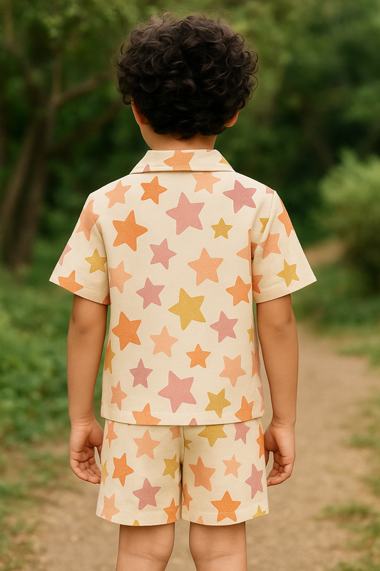 “Twinkle Pop Cord Set – Cute Multicolor Star Print Cotton Outfit for Boys” Half Sleeve T-Shirt & Shorts Co-ord Set