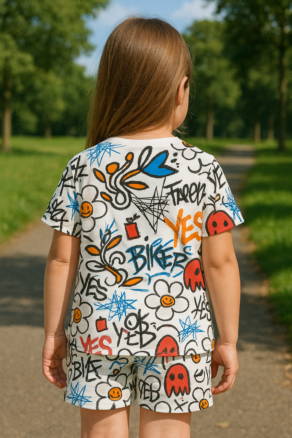 Street Pop Cord Set | Graffiti Print Cotton T-shirt & Shorts | Trendy Summer Outfit for Girls