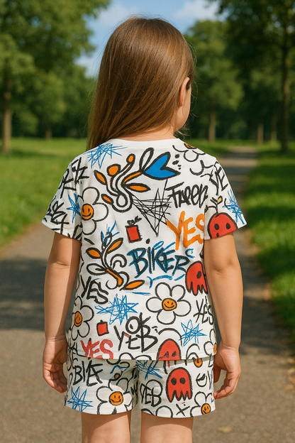 Street Pop Cord Set | Graffiti Print Cotton T-shirt & Shorts | Trendy Summer Outfit for Girls