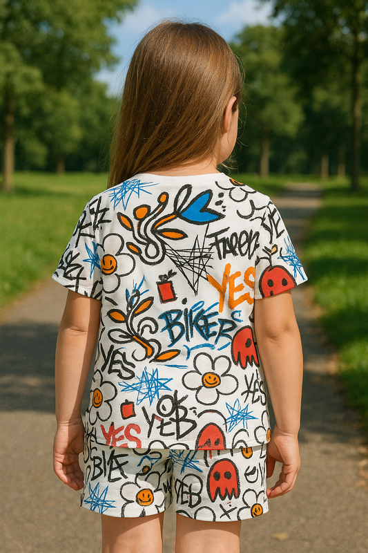 Street Pop Cord Set | Graffiti Print Cotton T-shirt & Shorts | Trendy Summer Outfit for Girls