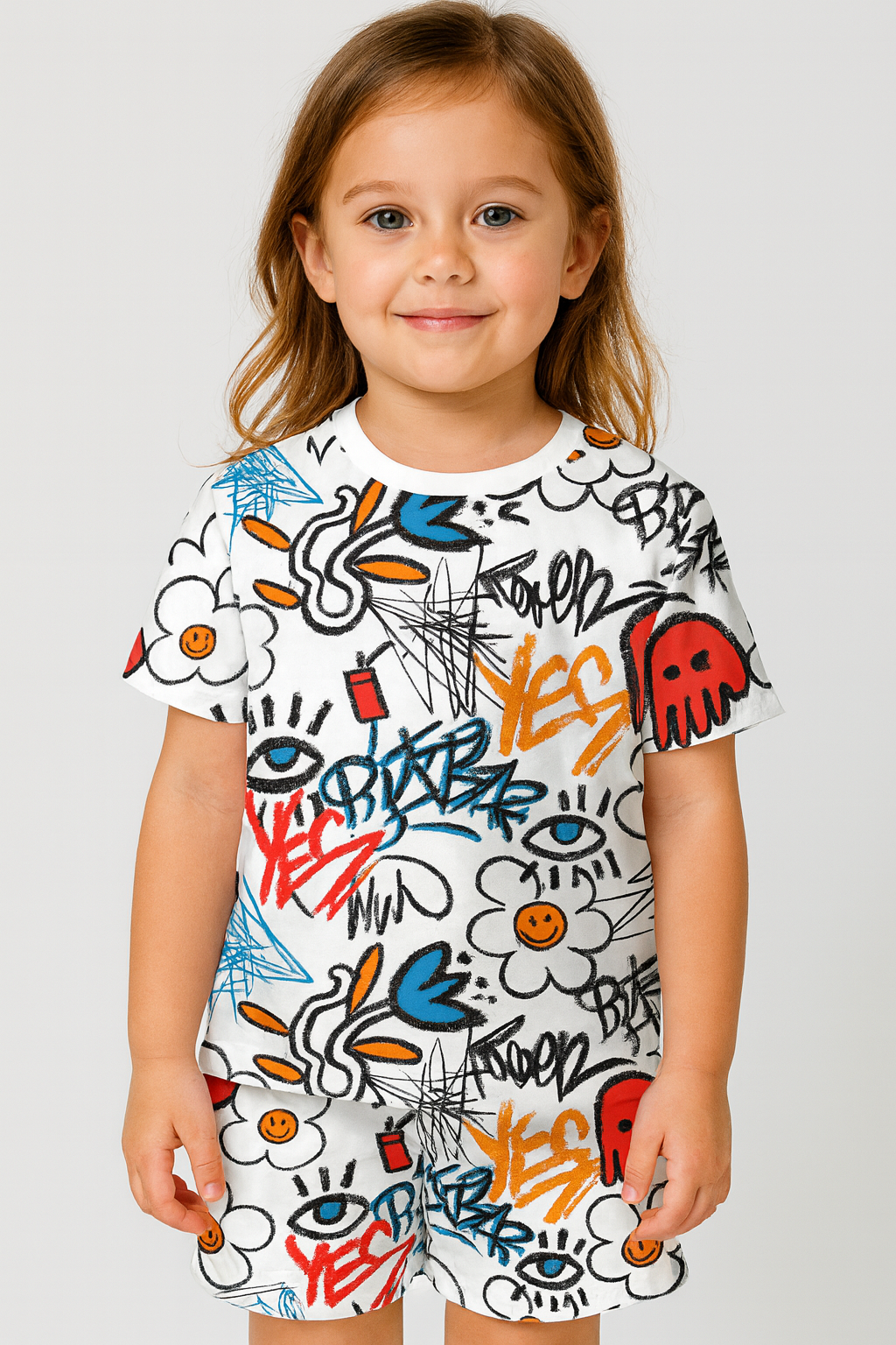 Street Pop Cord Set | Graffiti Print Cotton T-shirt & Shorts | Trendy Summer Outfit for Girls