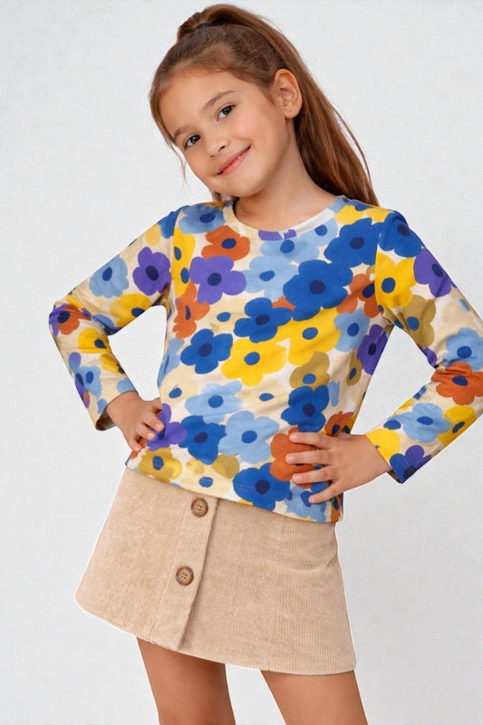 Horcun Clothing Brand girls' long sleeve top with a retro floral print in blue, purple, yellow, and orange.