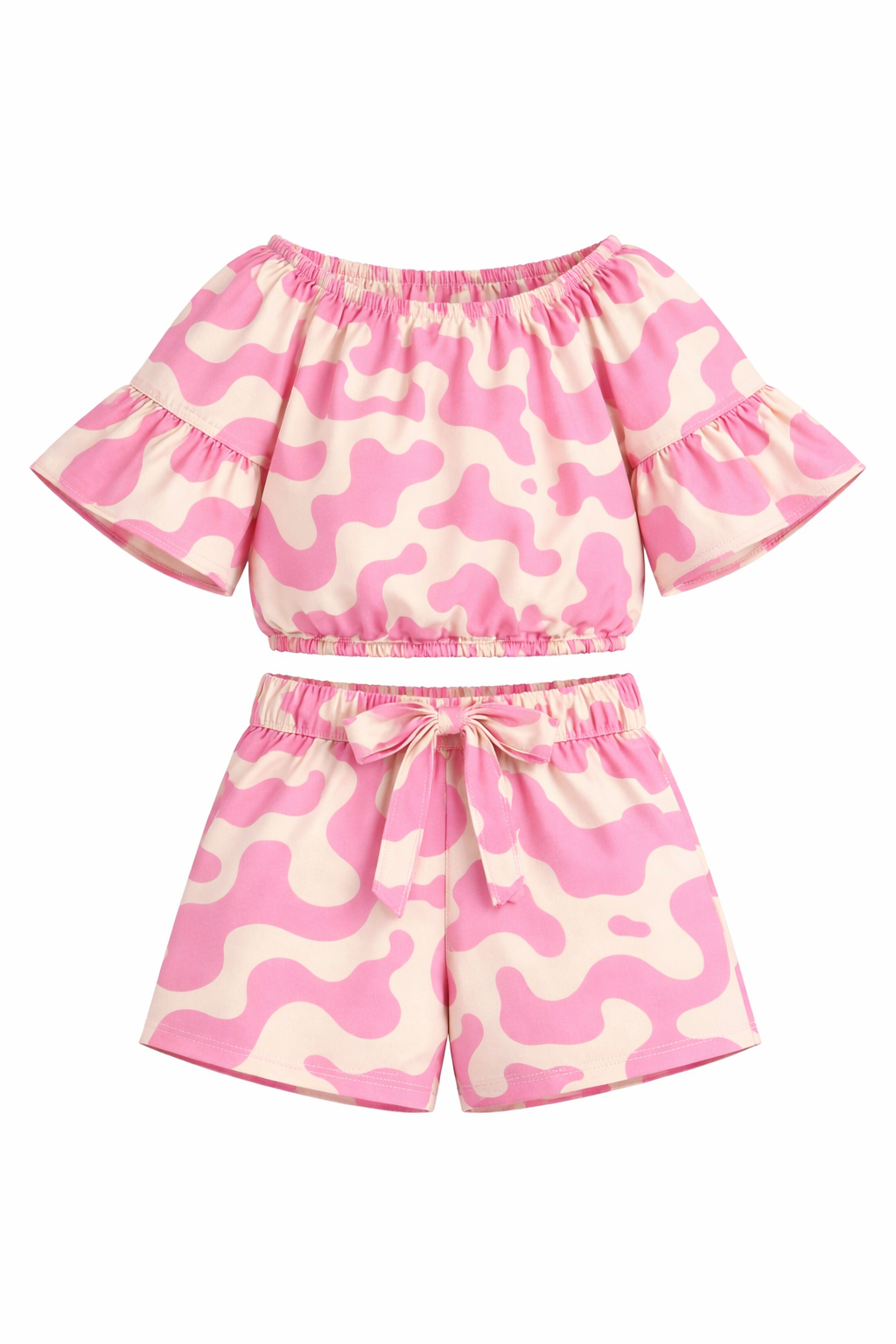 Girls Pink Abstract Print Off-Shoulder Co-ord Set with Tie-Up Shorts