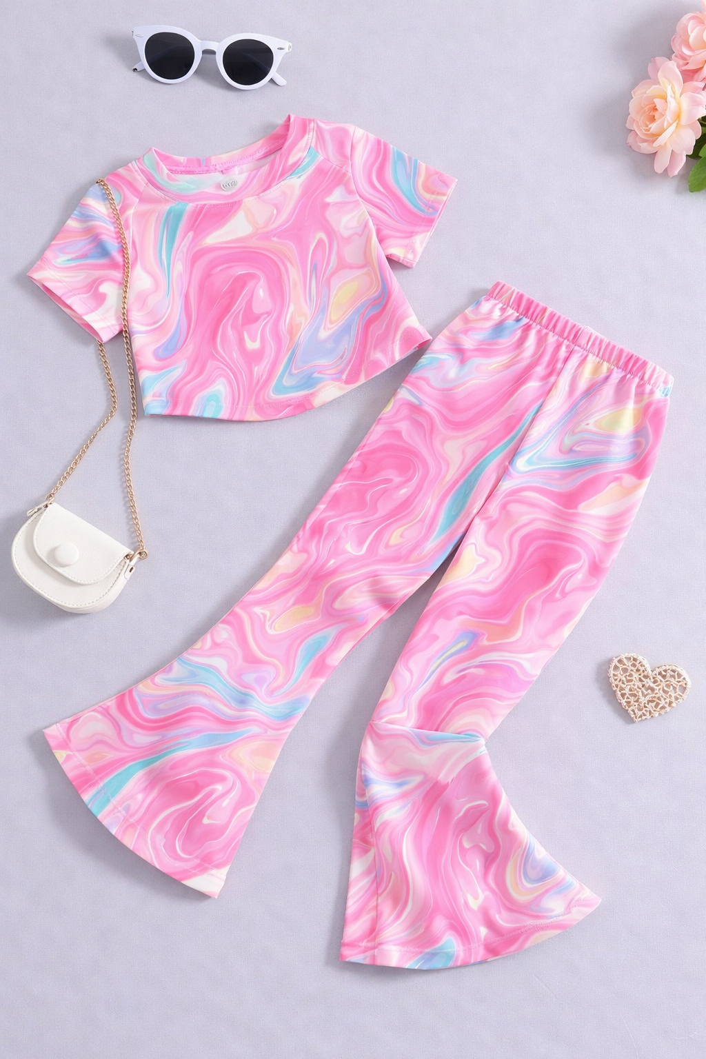 Girls Pink Marble Tie Dye Co-Ord Set | Kids Crop Top & Flared Pants Outfit | Trendy Western Wear for Girls