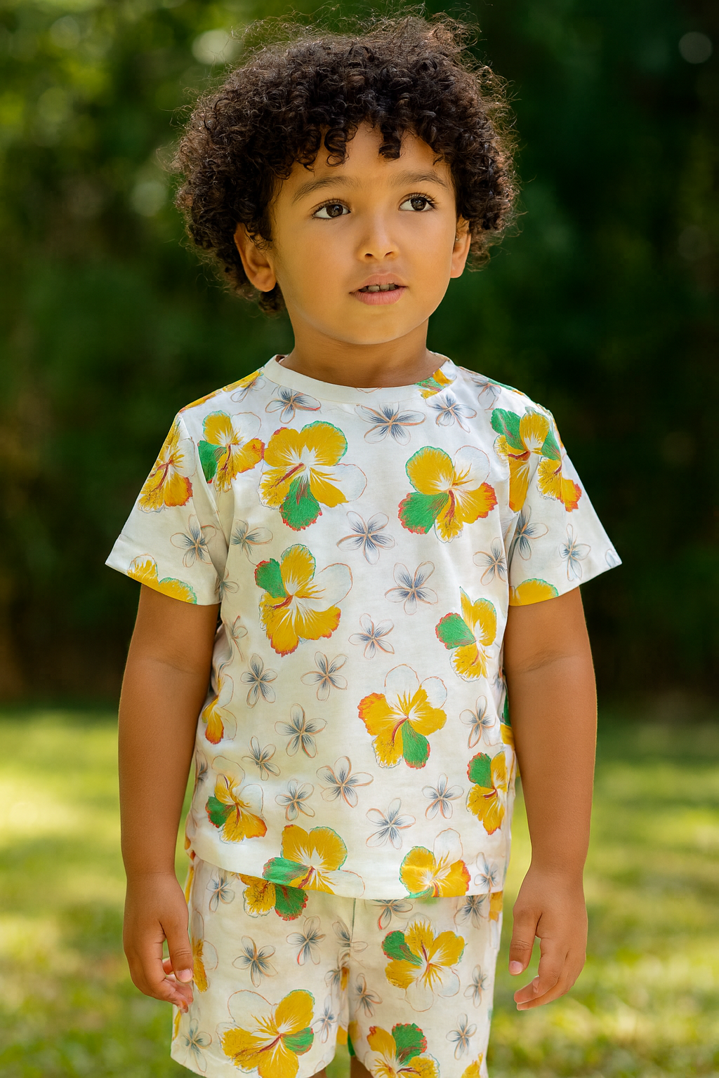 “Tropical Bloom Cord Set – Bright Yellow Floral Print Summer Outfit for Boys” Half Sleeve T-Shirt & Shorts Co-ord Set