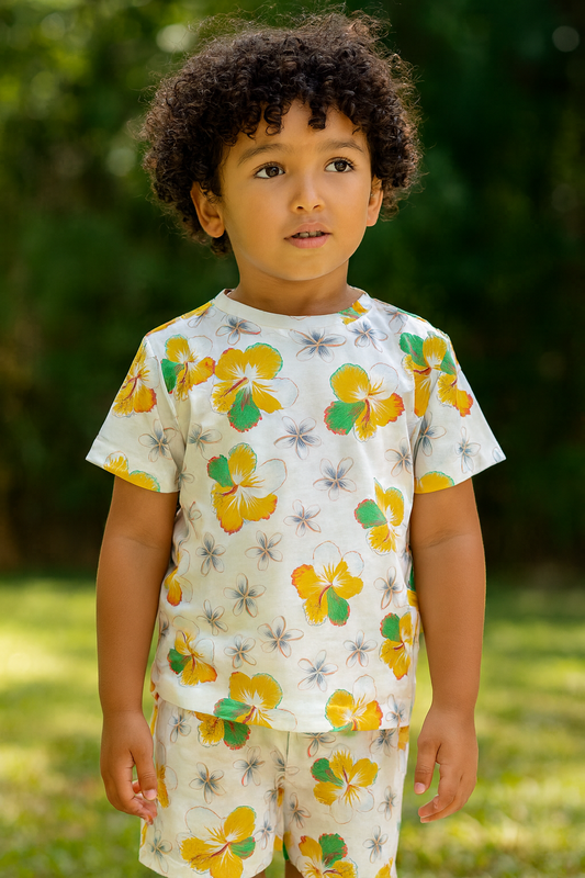 “Tropical Bloom Cord Set – Bright Yellow Floral Print Summer Outfit for Boys” Half Sleeve T-Shirt & Shorts Co-ord Set