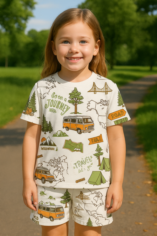 Adventure Journey Coord Set | Travel Print Cotton T-shirt & Shorts | Summer Outfit for Kids
