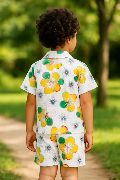 “Tropical Bloom Cord Set – Bright Yellow Floral Print Summer Outfit for Boys” Half Sleeve T-Shirt & Shorts Co-ord Set