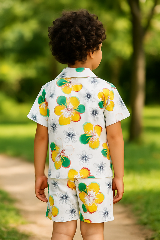 “Tropical Bloom Cord Set – Bright Yellow Floral Print Summer Outfit for Boys” Half Sleeve T-Shirt & Shorts Co-ord Set