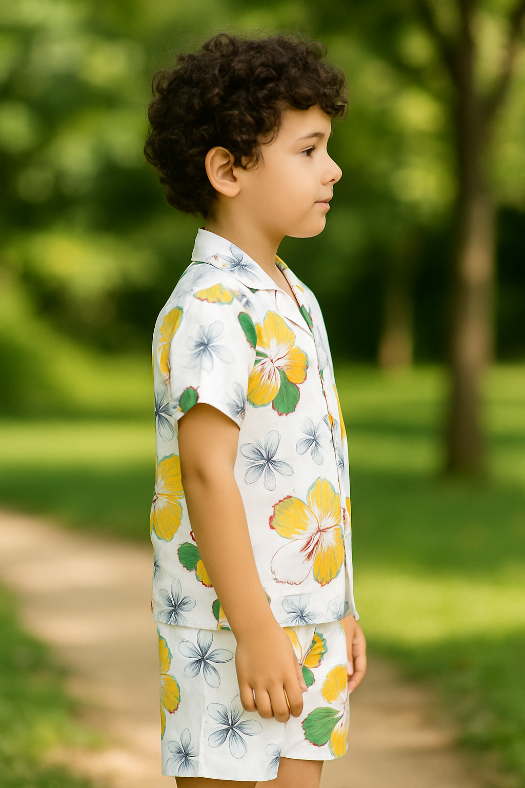 “Tropical Bloom Cord Set – Bright Yellow Floral Print Summer Outfit for Boys” Half Sleeve T-Shirt & Shorts Co-ord Set