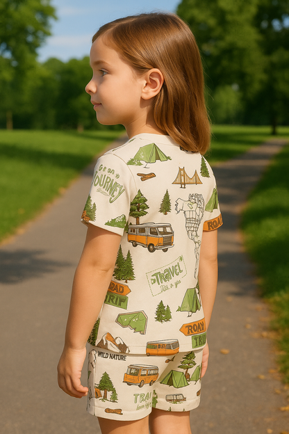 Adventure Journey Coord Set | Travel Print Cotton T-shirt & Shorts | Summer Outfit for Kids