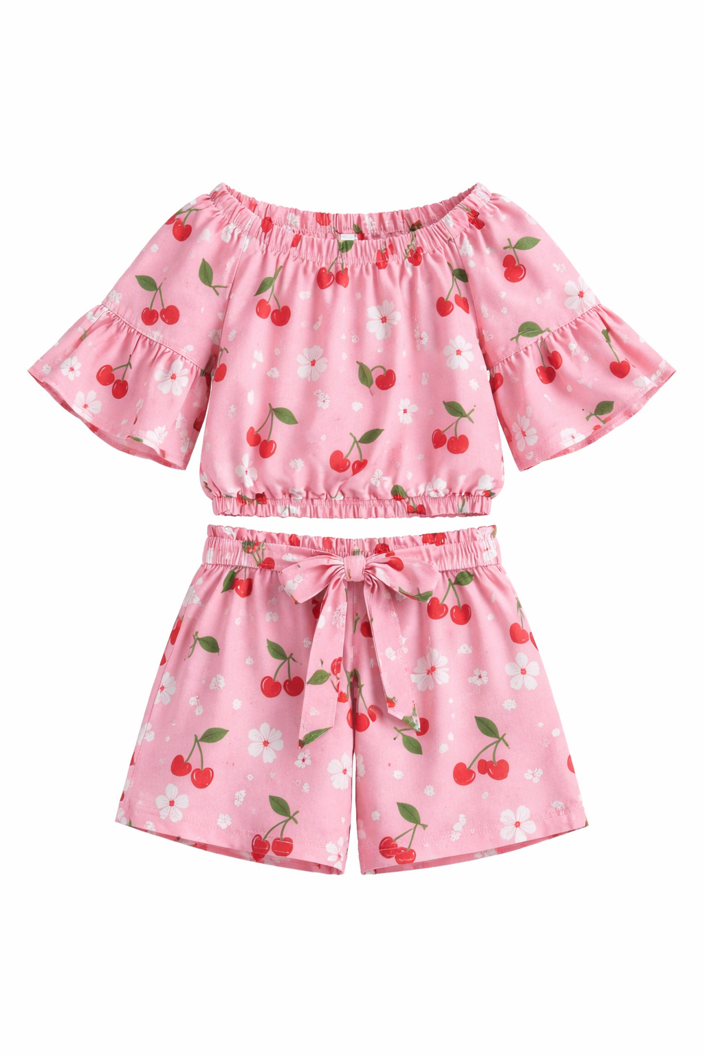 Girls Pink Cherry Print Off-Shoulder Co-ord Set with Tie-Up Shorts
