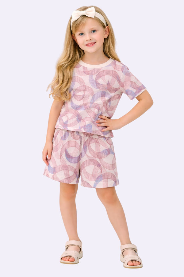 Horcun Clothing Brand kids co-ord set with abstract pink & blue loop print on off-white, round neck tee & shorts.